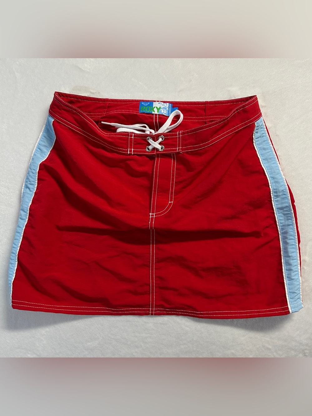 Y2K ROXY women's red blue embroidered nylon mini beach skirt, 28".